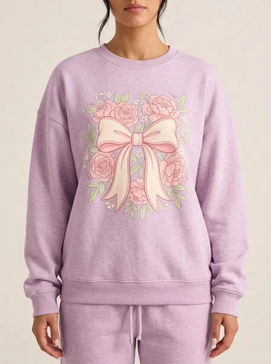 Women's Breast Cancer Awareness Floral Bow Printed Sweatshirt