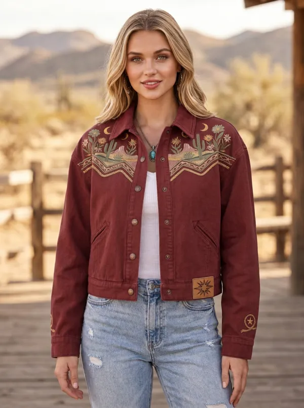Women's Classic Western Cactus Desert Floral Embroidery Floral Embroidered Denim Jacket