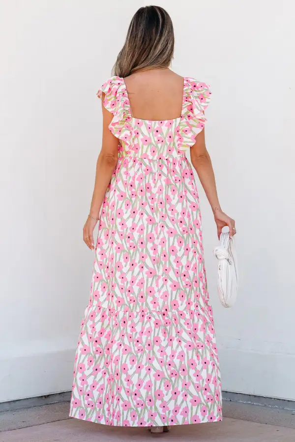 Relaxed Floral Print Square Neck Ruffled Strap Maxi Dress