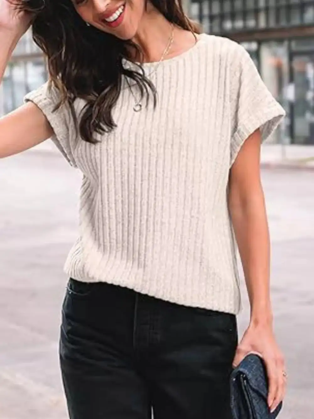 Casual Ribbed Knit Short Sleeve T Shirt