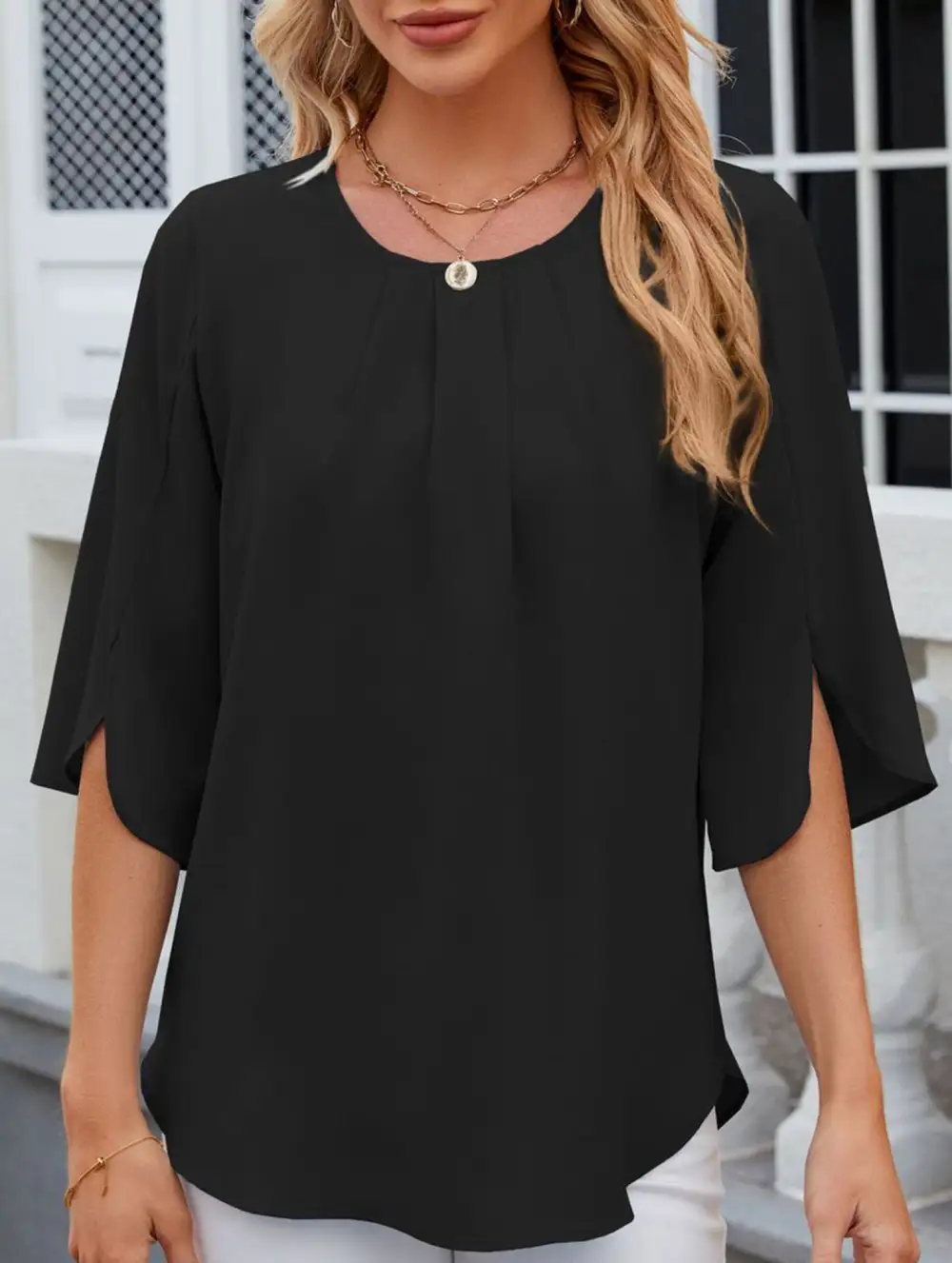 Chiffon Crew Neck Half Sleeve Blouse