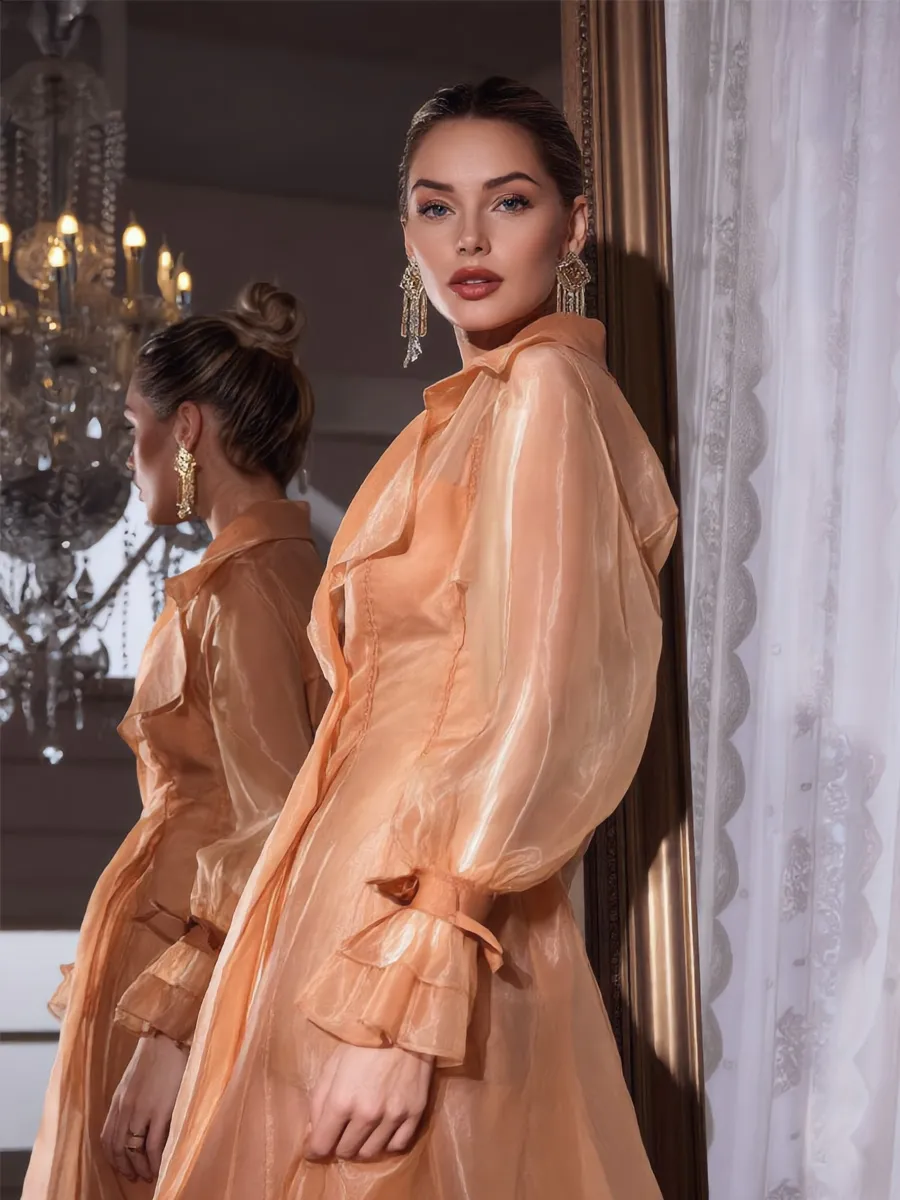 Talia Long-Sleeve Chiffon Lapel Long Coat