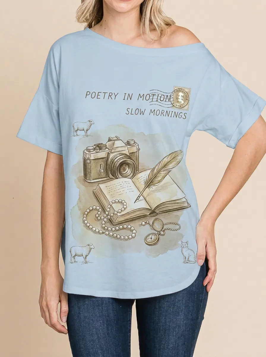 Women's Vintage Aesthetic Camera Book Sheep Printed T-shirt