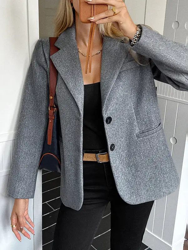 Long Sleeve Button Front Pocket Solid Color Notched Jacket