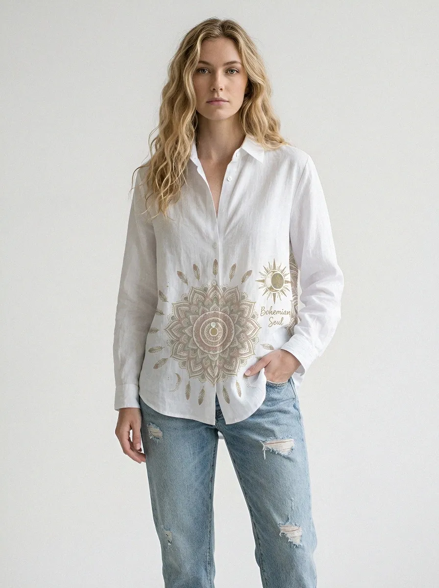 Women's Bohemian Soul Mandala Sun Moon Printed Button-Down Shirt
