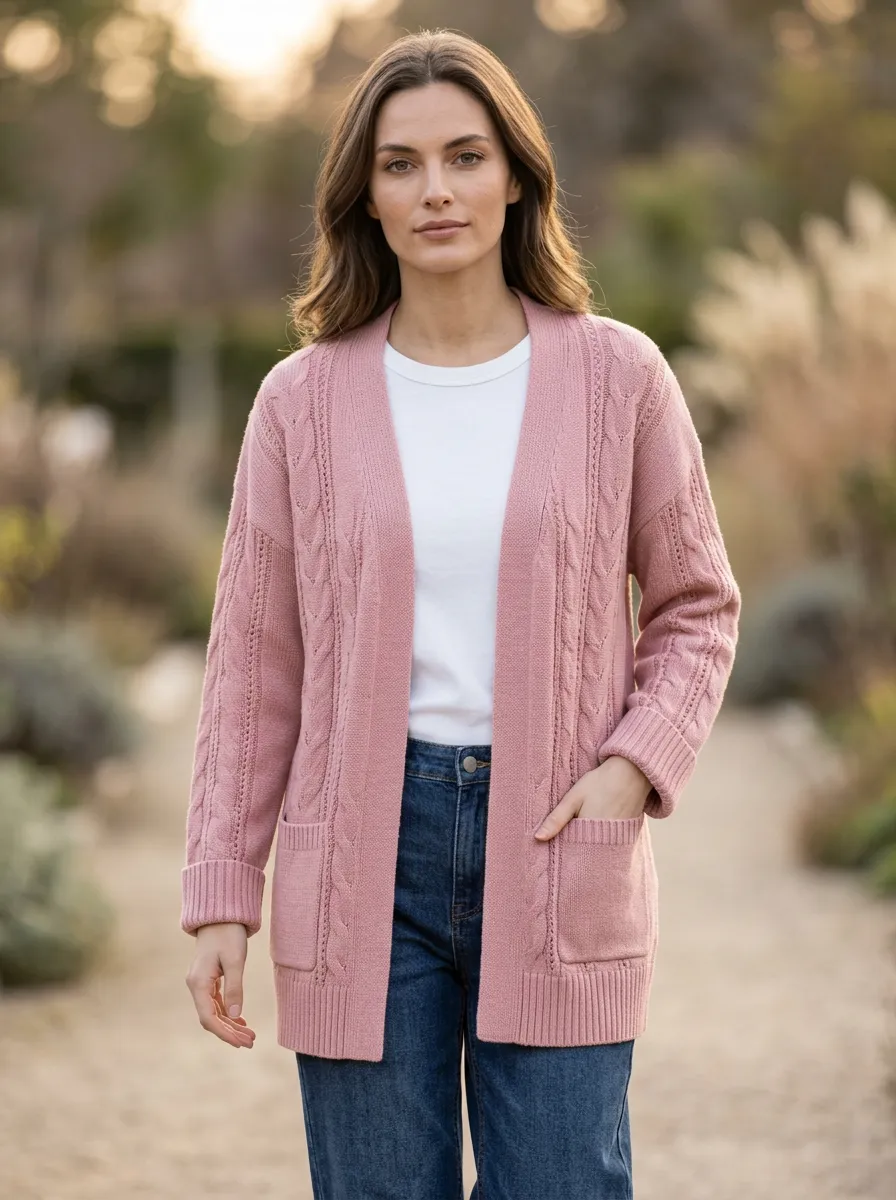 Women's Pink Casual Cable Knit Open Front Cardigan