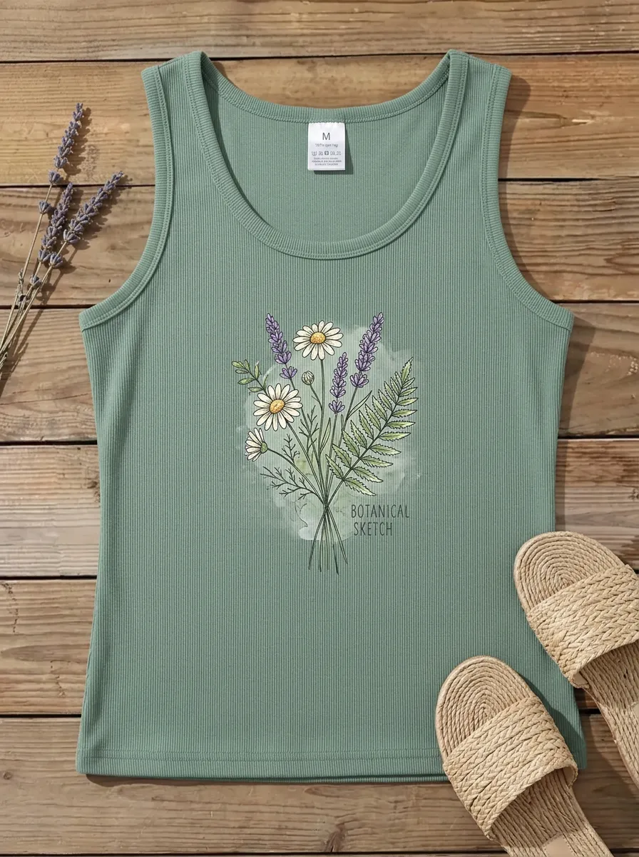 Women's Botanical Flower Lavender Daisy Printed Ribbed Tank Top