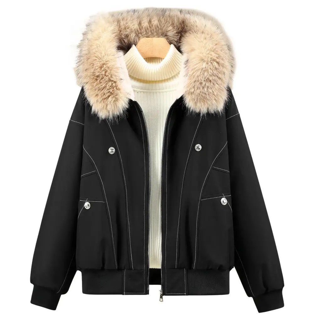 Cropped Faux Fur Stand Collar Ribbed Trim Bomber Jacket