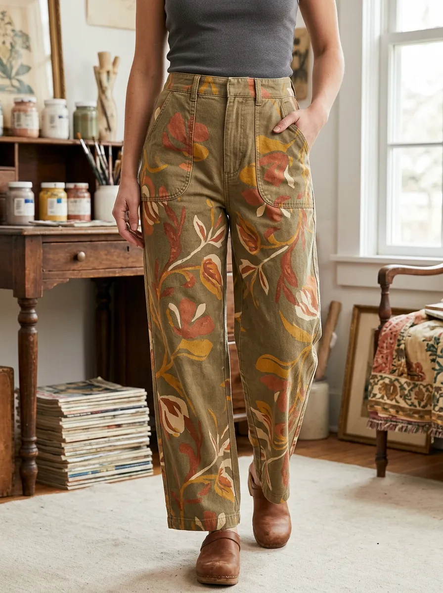 Women's Botanical Art Lover Olive Floral Printed Pants