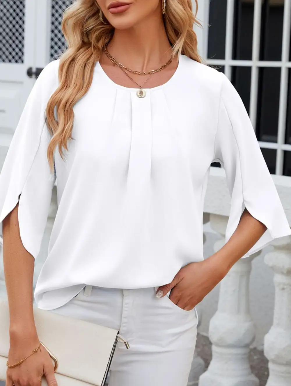 Chiffon Crew Neck Half Sleeve Blouse