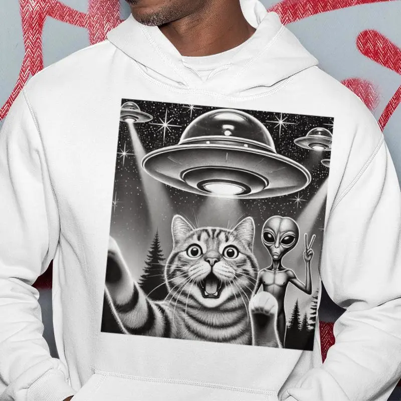 Cat Selfie With Ufo Alien Abduction Extraterrestrial Hoodie