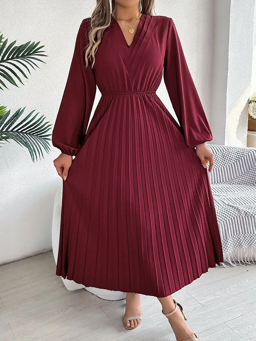 Elasticity Pleated Neck Maxi Dress