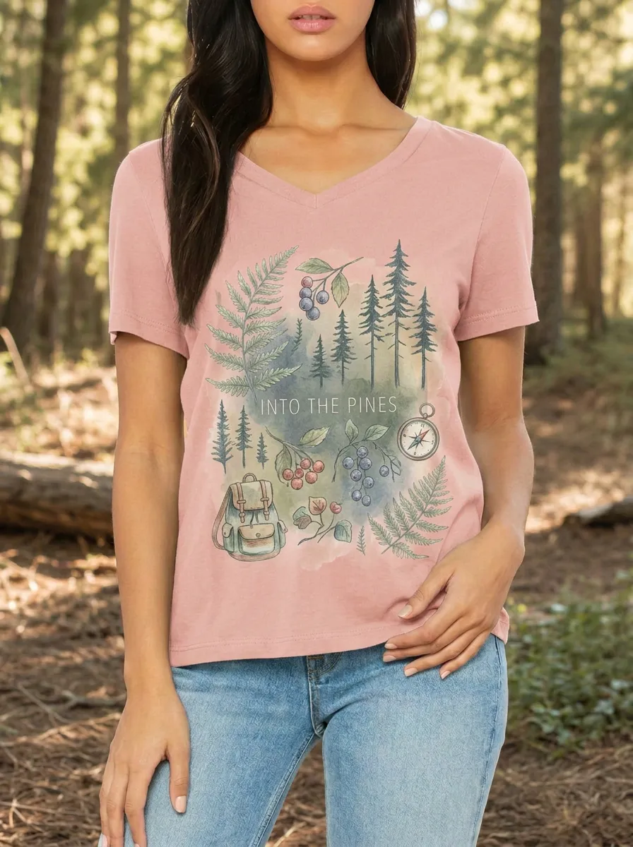 Women's Nature Hiking Into The Pines Fern Compass Printed V-neck T-shirt