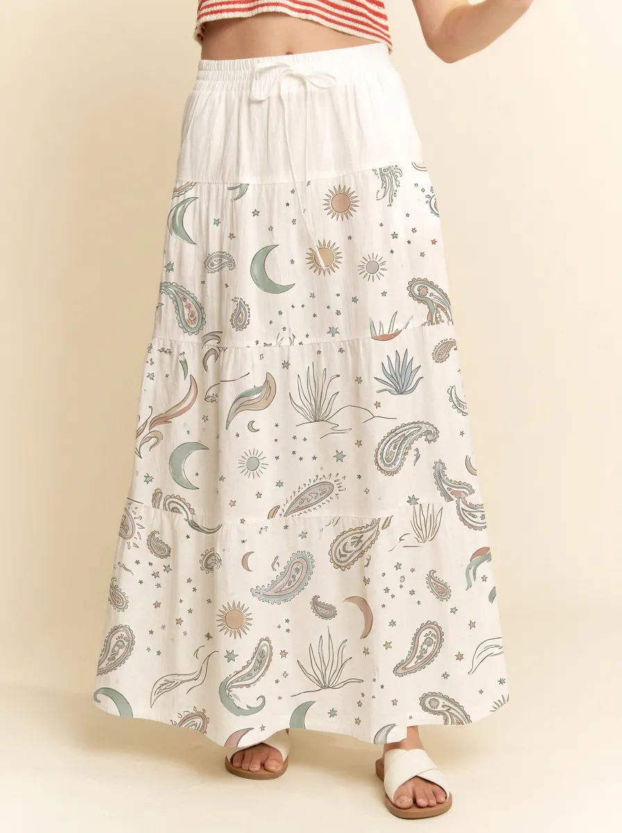 Women's Boho Celestial Paisley Printed Tiered Maxi Skirt