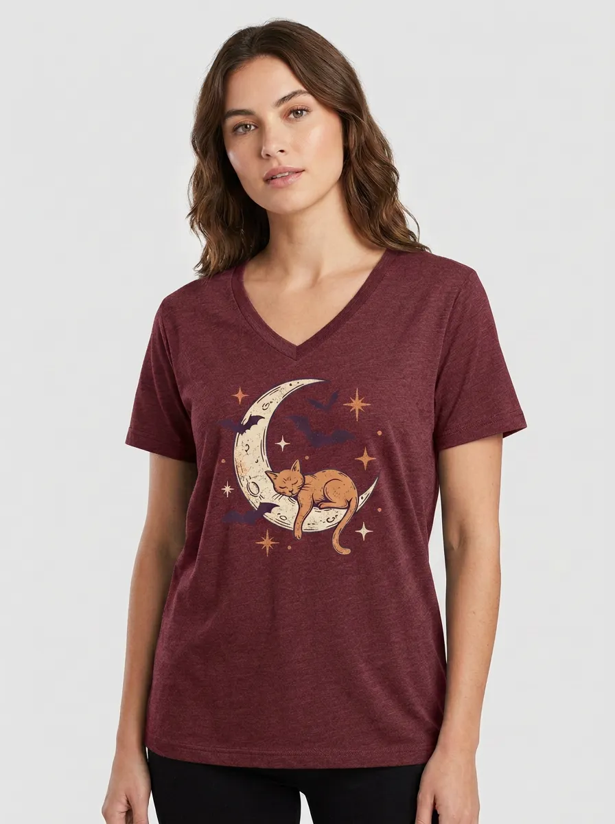Women's Halloween Cat Moon Bats Printed V-neck T-shirt