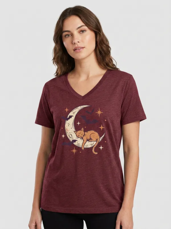 Women's Halloween Cat Moon Bats Printed V-neck T-shirt