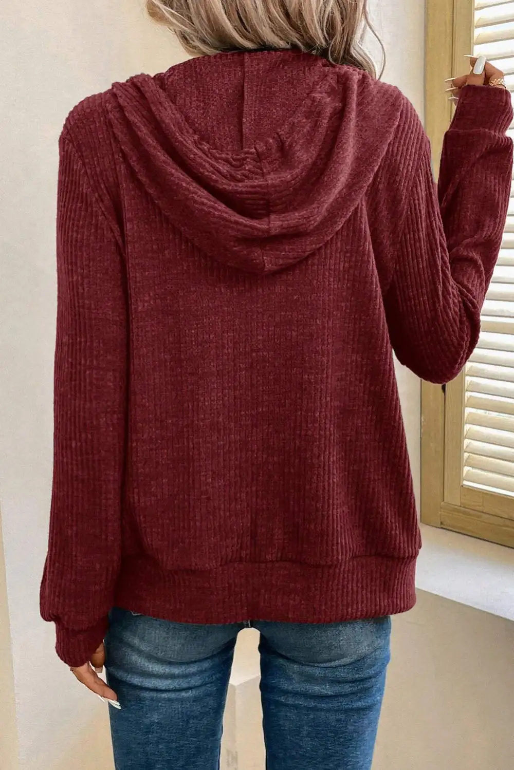 Drawstring Pocketed Ribbed Textured Hoodie