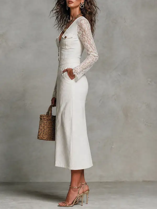 Boho Lace Sleeve V-Neck Button Front Denim Midi Dress