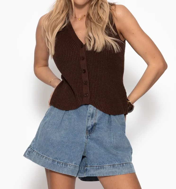Brown Knit Button Placket Top