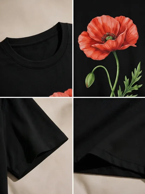 Unisex Botanical Flower Lover Red Poppy Printed T-shirt