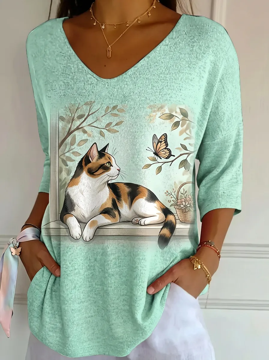 Women's Cat Lover Calico Cat Butterfly Printed Cotton Linen Top