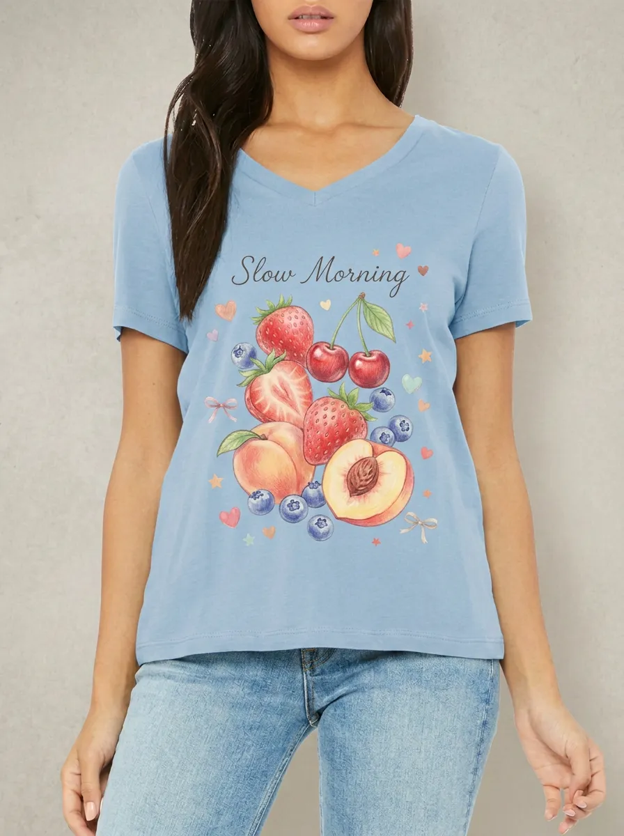 Women's Slow Morning Fruit Strawberry Peach Blueberry Printed V-neck T-shirt