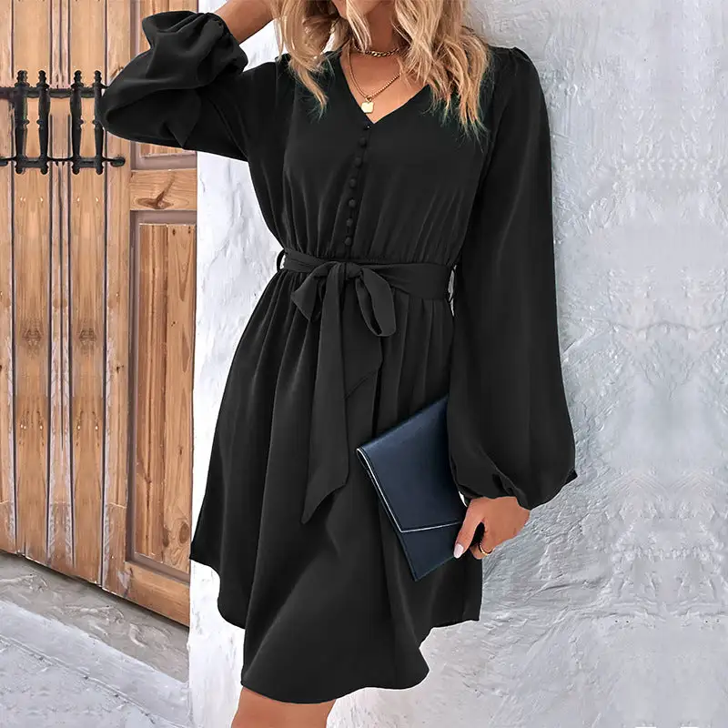 Women's Wrap V-Neck Long-Sleeve Belted Dress