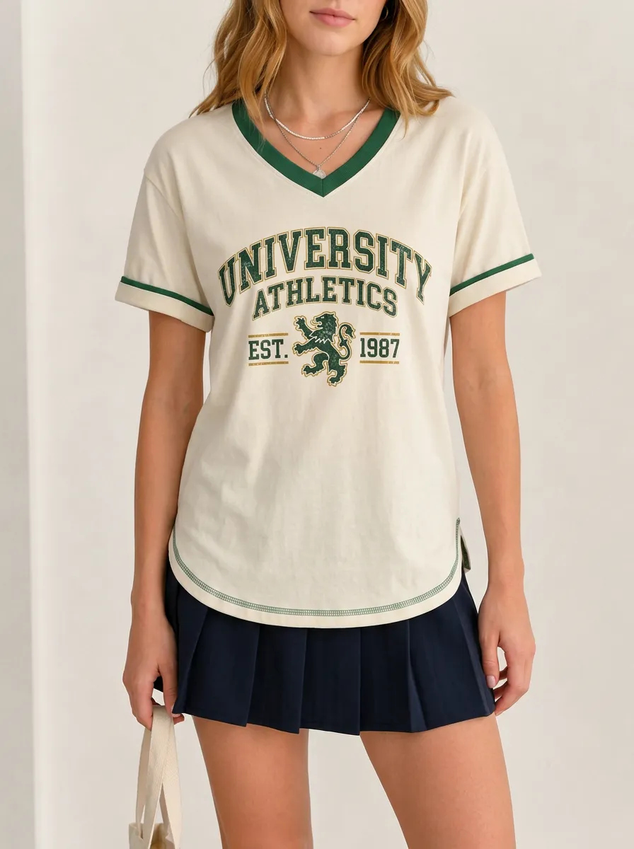 Women's University Athletics Lion Graphic Printed V-Neck T-Shirt