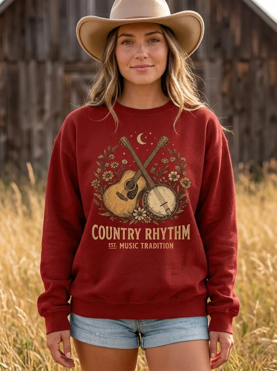 Rustic Country Music Guitar Banjo Floral Crew Neck Sweatshirt