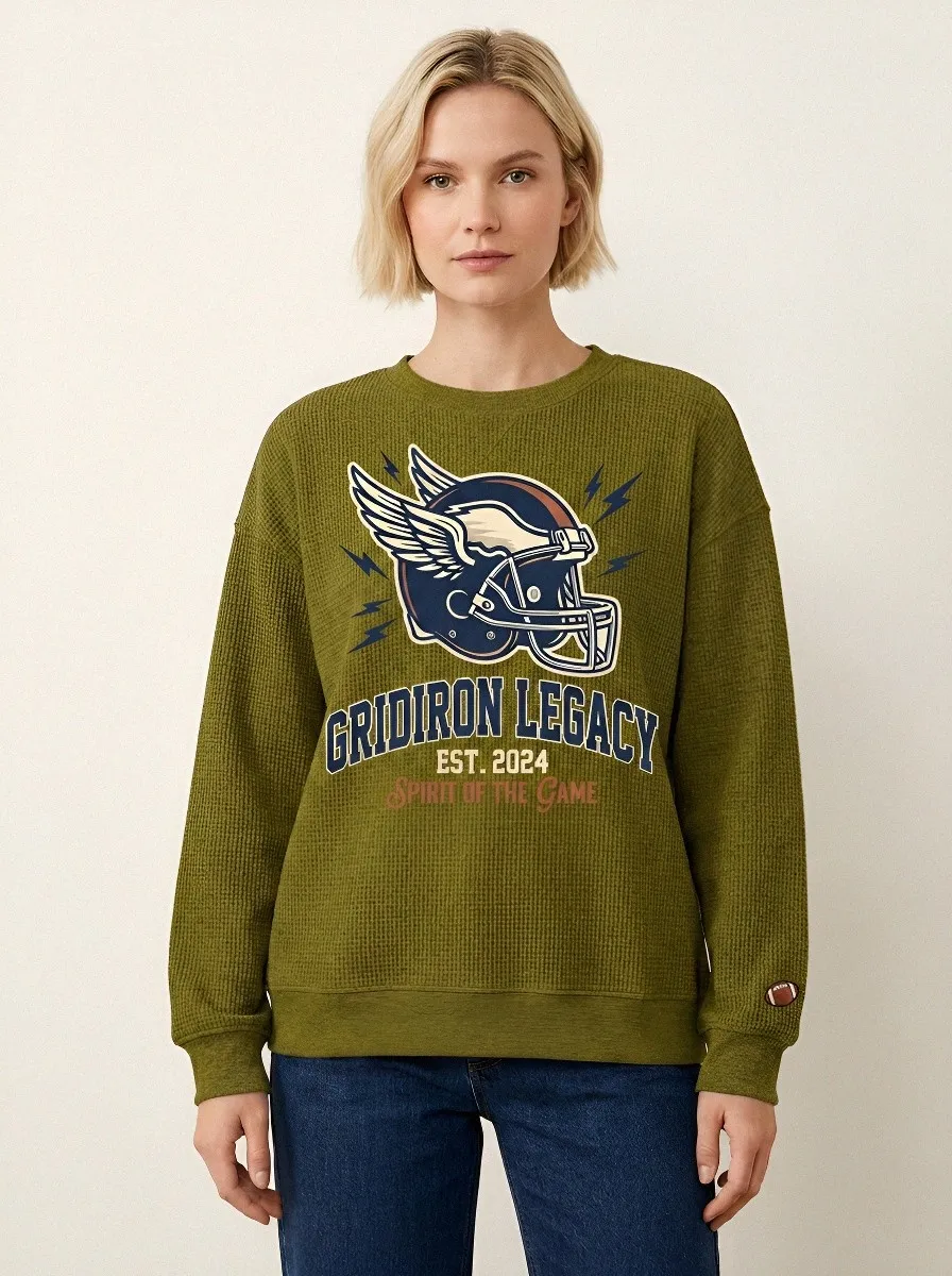 Women's Football Fan Gridiron Legacy Winged Helmet Graphic Waffle Sweatshirt