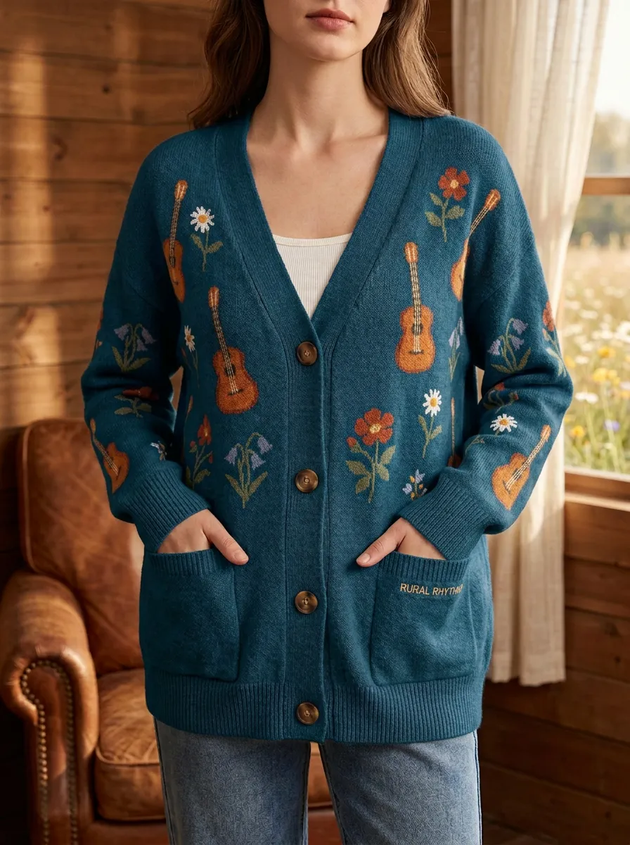 Backroad Guitar Floral Women's Country Music Casual Cardigan