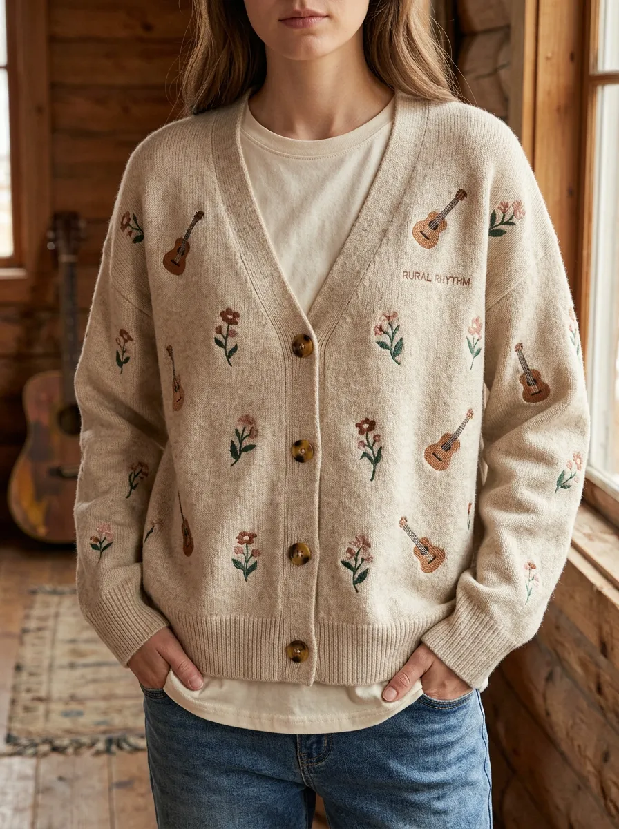 Rustic Graphic Women's Country Music Knit Cardigan