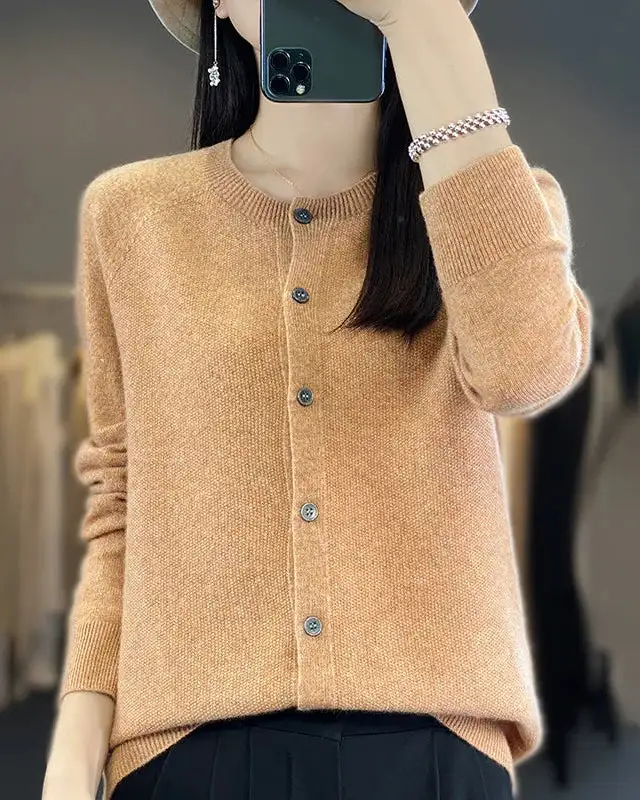 Refined Wool Button-Front Round-Neck Cardigan