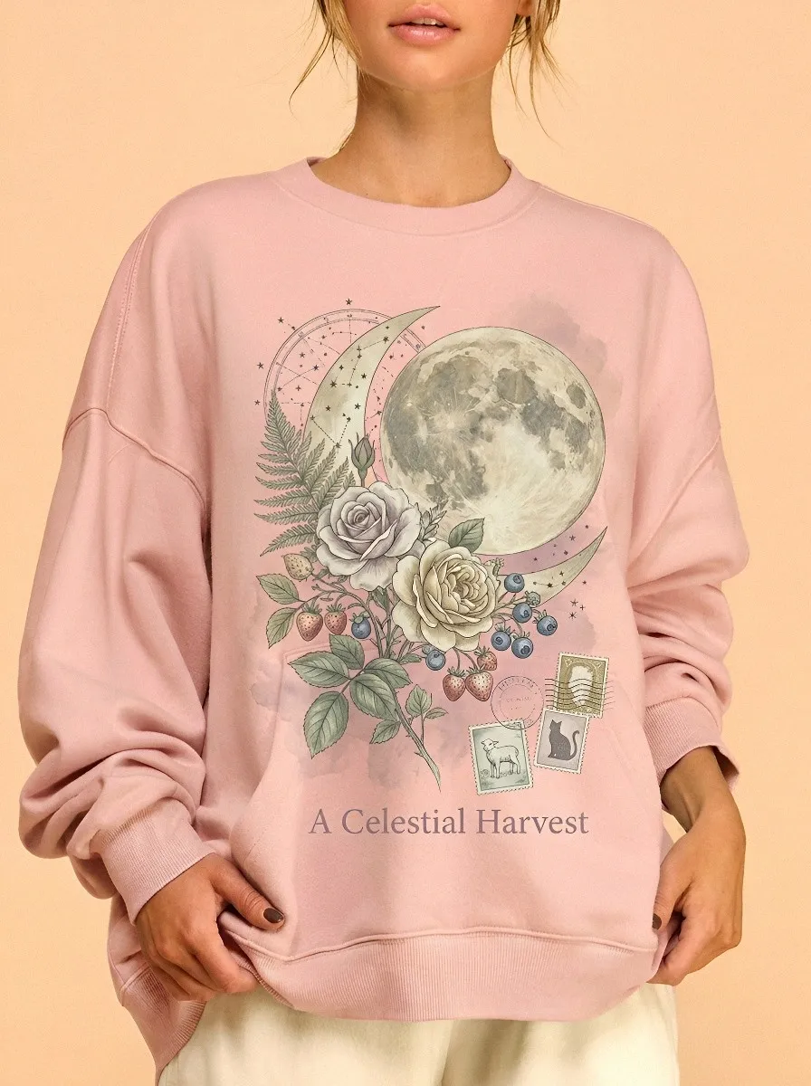 Women's Celestial Harvest Moon Floral Strawberry Printed Sweatshirt