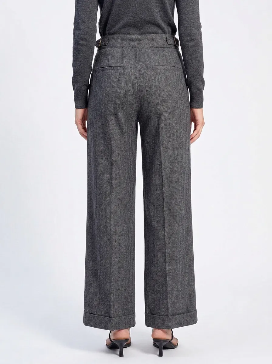 Women's Vintage Style Herringbone Button Front Wide Leg Trousers