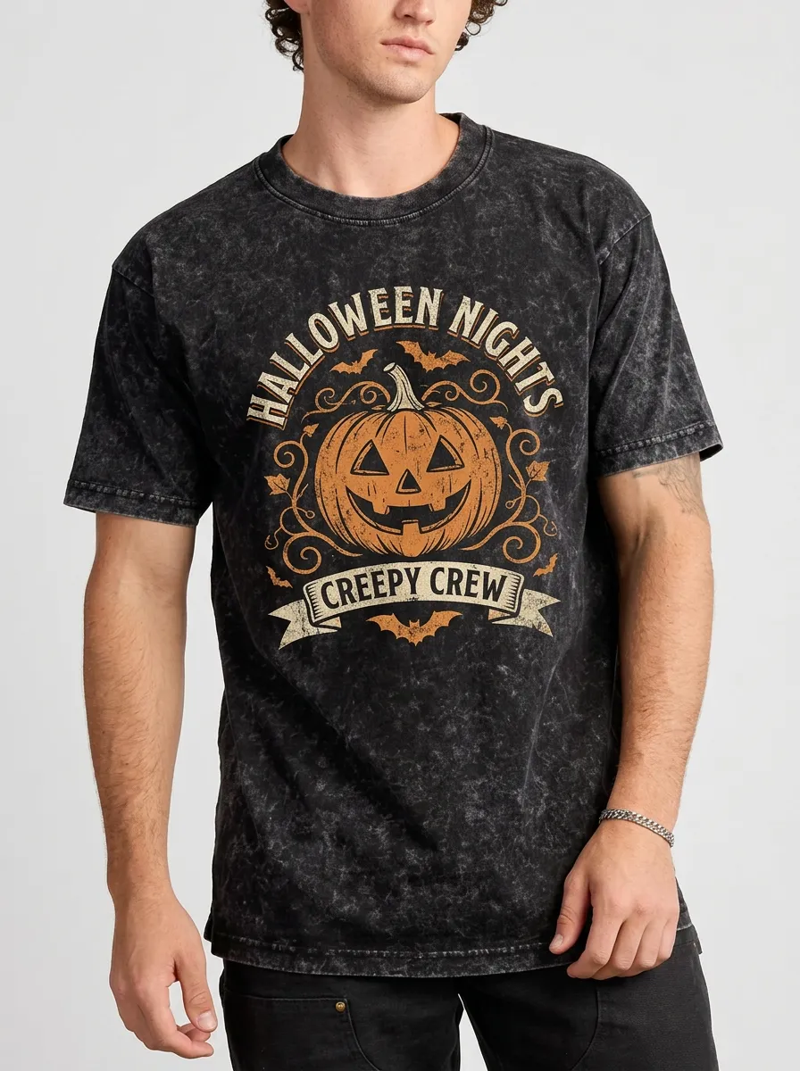 Men's Halloween Creepy Crew Pumpkin Printed Acid Wash T-shirt