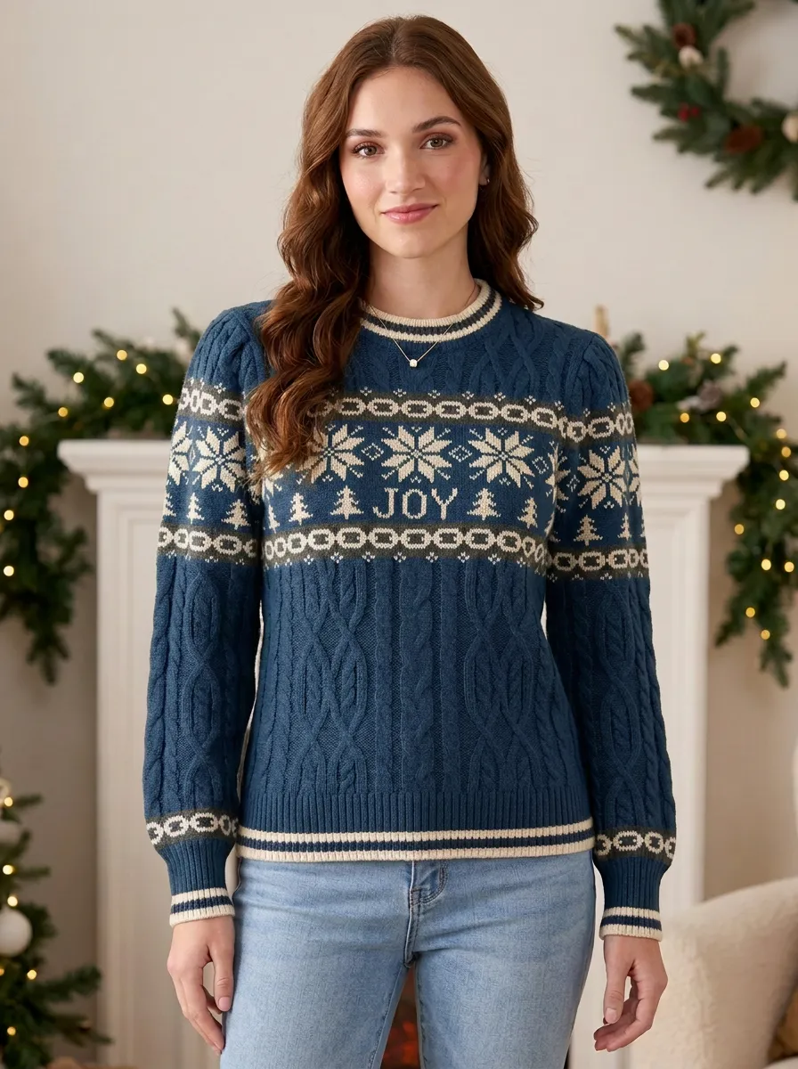 Christmas Joy Snowflake Tree Pattern Knitted Sweater