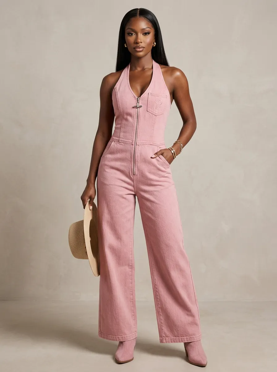 Pink Minimalist Embroidered Zip-Front Denim Jumpsuit