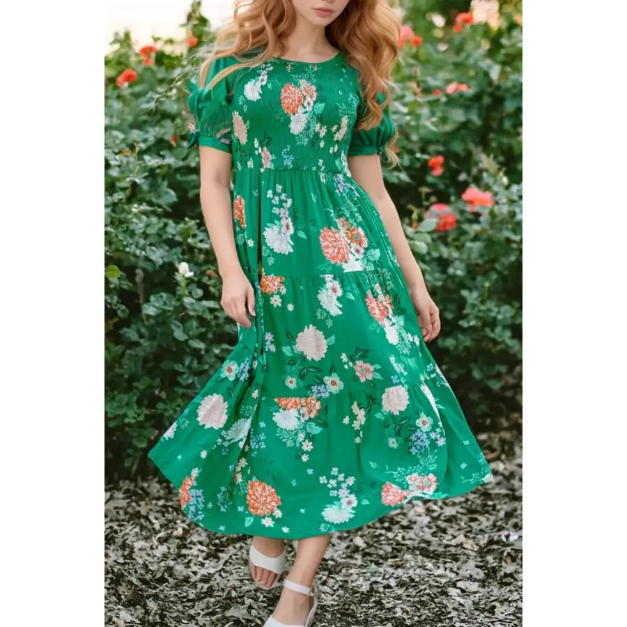 Bubble Sleeve Smocked Tiered Midi Dress