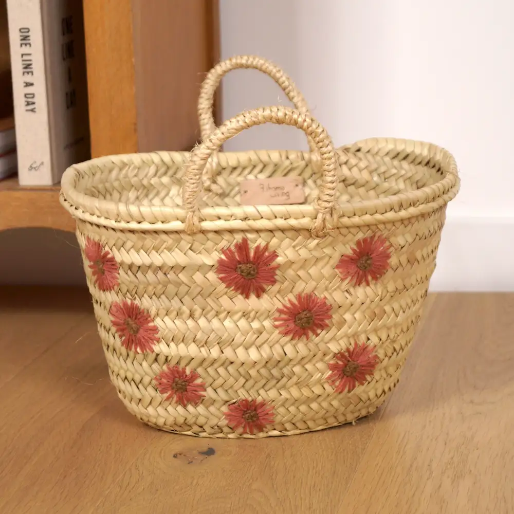 Floral Embroidered Palm Leaf Basket