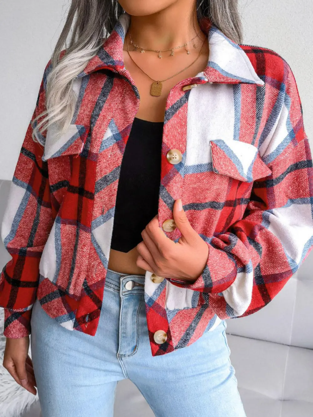 Refined Collared Plaid Jacket