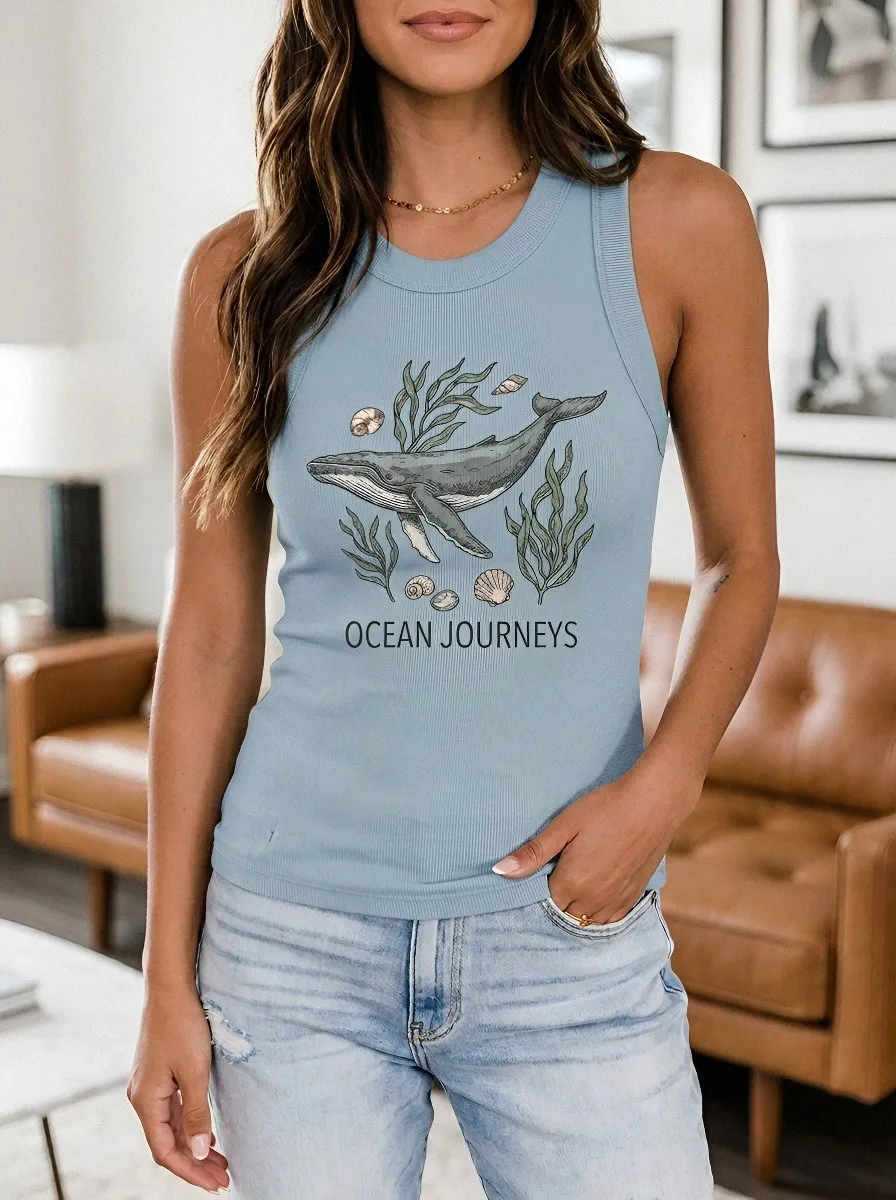 Women's Ocean Journeys Whale Sea Shells Printed Tank Top