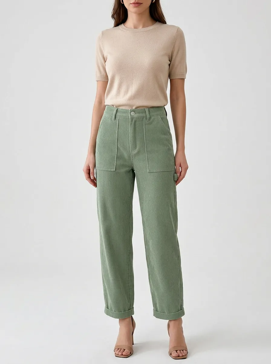 Women's Casual Sage Green Corduroy Patch Pocket Trousers