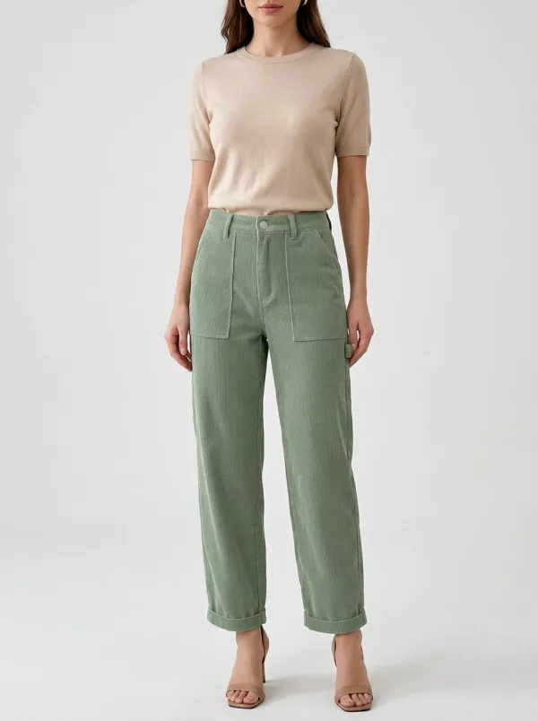 Women's Casual Sage Green Corduroy Patch Pocket Trousers