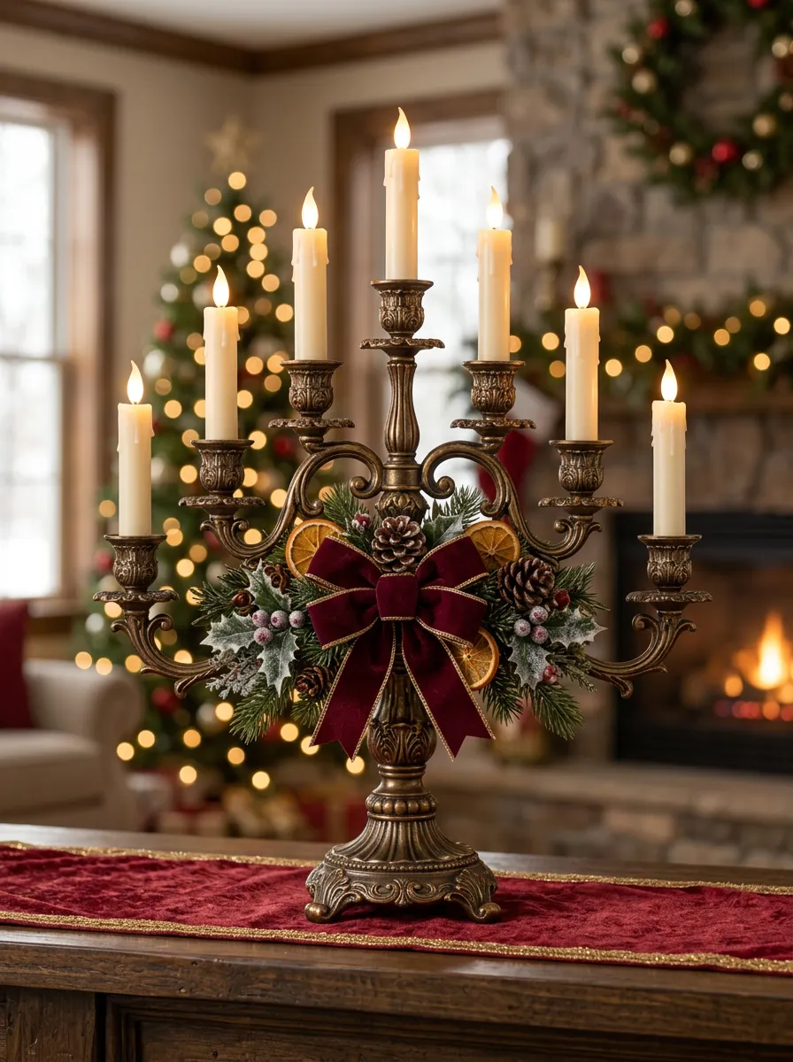 Seasonal Pinecone Bow Printed Candelabra