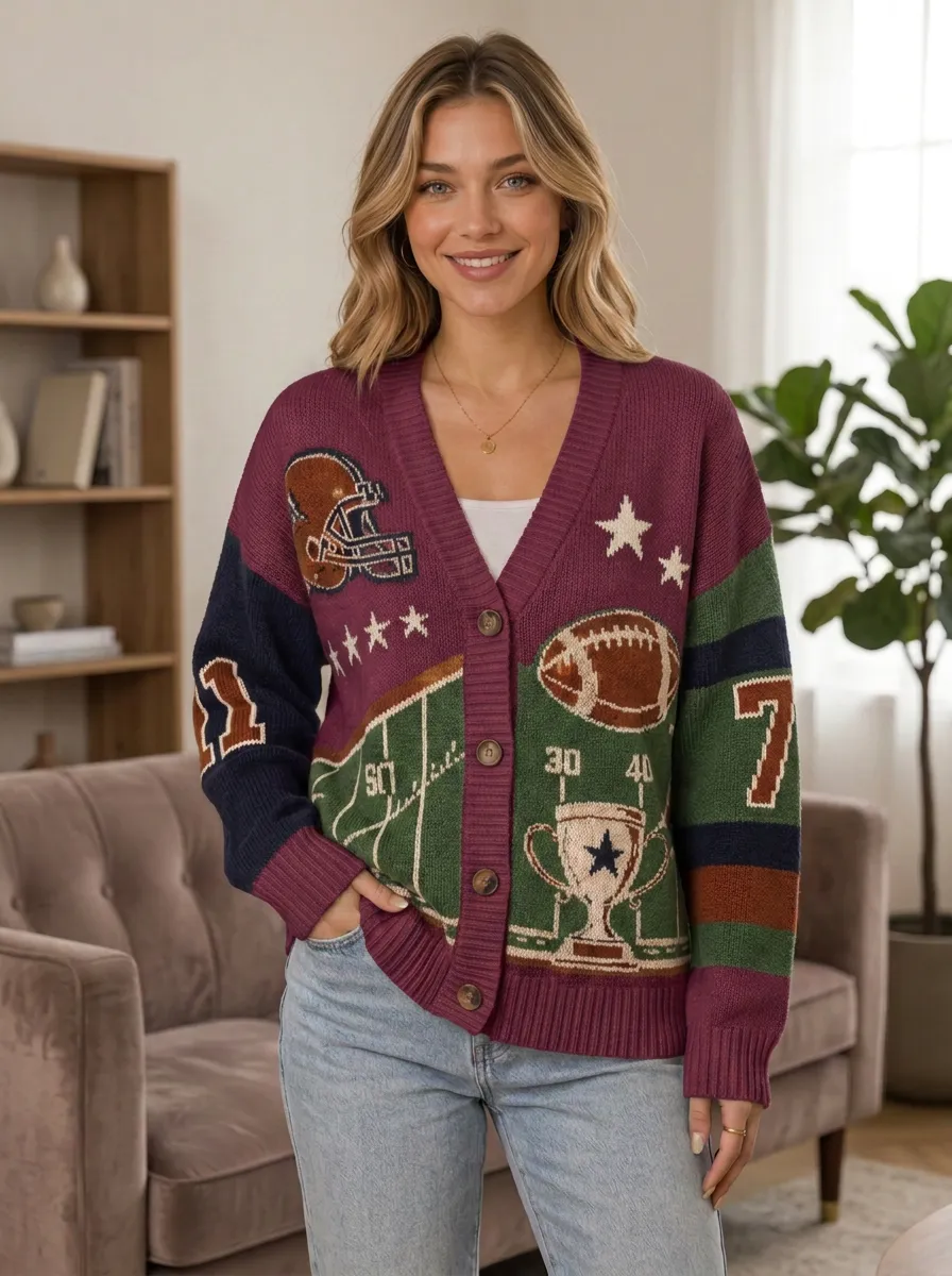 Women's Field Gridiron Helmet Trophy Knit Cardigan