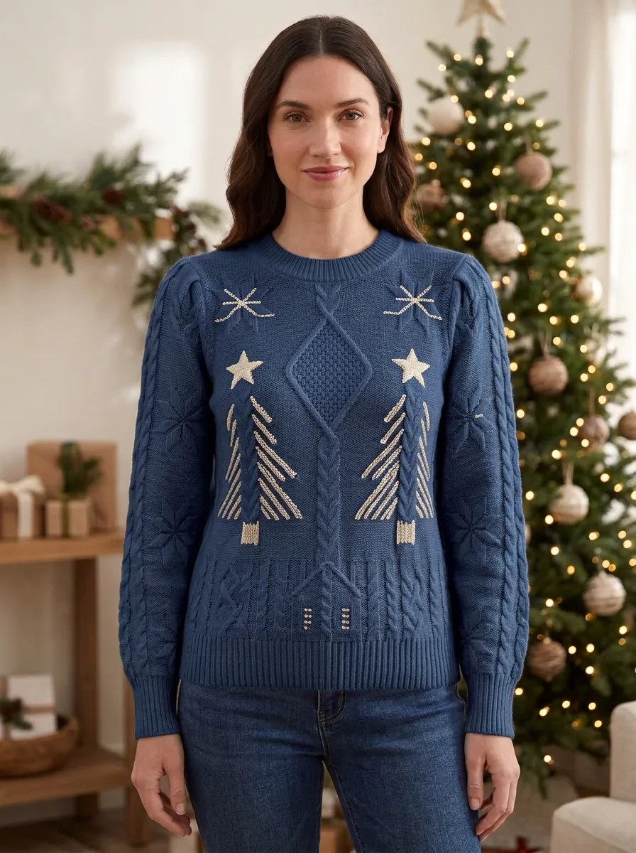 Christmas Holiday Snowflake Pine Tree Festive Patterned Knit Sweater