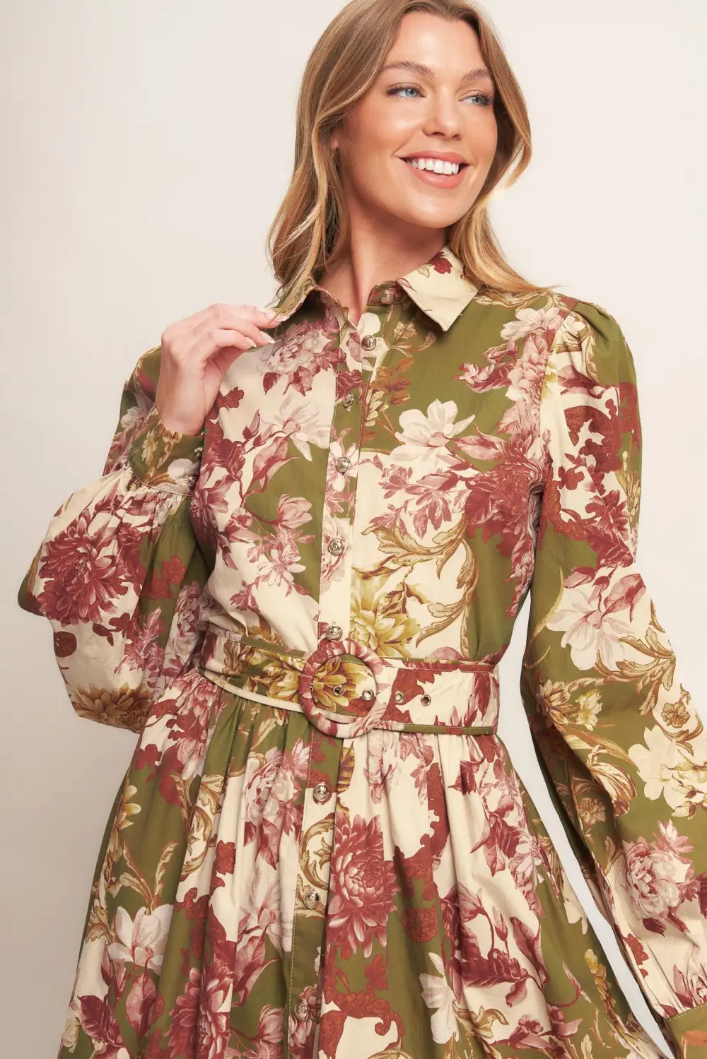 Long-Sleeve Cotton Printed Midi Dress