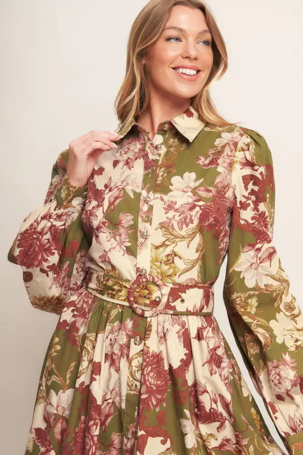 Long-Sleeve Cotton Printed Midi Dress
