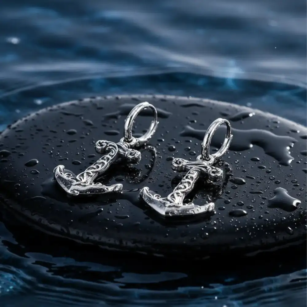 Men's Anchor Drop Hoop Earrings Wave